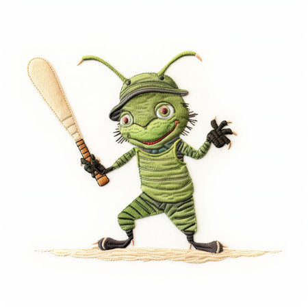 "cricket machine embroidery design: a full-body applique of a cricket, intricately stitched in vibrant detail, set against a clean white isolated background.", ai generatedの素材