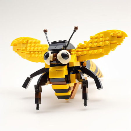 a vibrant yellow and black bee, constructed with lego bricks, brings a playful toy-style touch to this image. against a crisp, white isolated background, the bee's intricate design stands out, making it a delightful and imaginative take on the classic insect. ai generatedの素材
