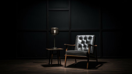 this photograph showcases a little chair, designed with a black finish, resting on a table in a study. the chair, small in size, boasts a unique style and is set against a black background. the image is enhanced by natural lighting and features a black tone, resulting in a high-definition, visually appealing display. ai generatedの素材