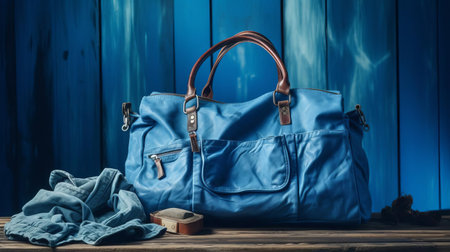 this photograph showcases a blue bag, designed with a modern, youthful style, lying on a table in a study. the bag's vibrant blue hue complements the blue background, creating a cohesive blue tone throughout the image. natural lighting illuminates the scene, highlighting the bag's intricate design in high definition. ai generatedの素材