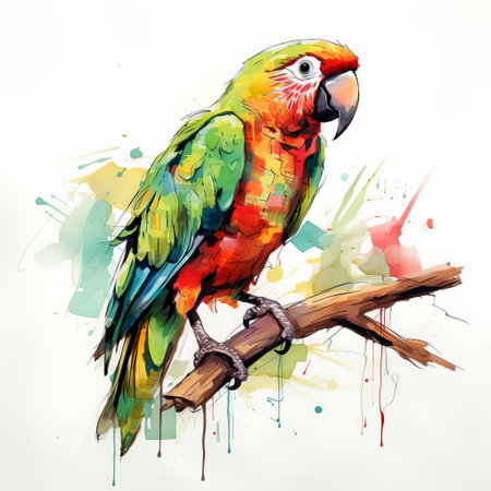 this photo showcases a blind contour parrot, its full body visible and striking against a crisp, white isolated background. the parrot's form is intricately detailed, making it a captivating subject for art and design enthusiasts. ai generatedの素材