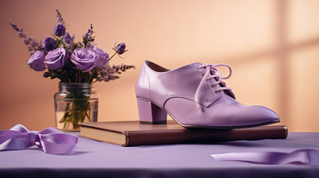 this photograph showcases a stylish shoe in lavender, positioned on a table in a study. the shoe's design is prominently displayed, with a lavender background and natural lighting enhancing its tone. the image is captured in high definition, making every detail of the shoe visible. ai generatedの素材