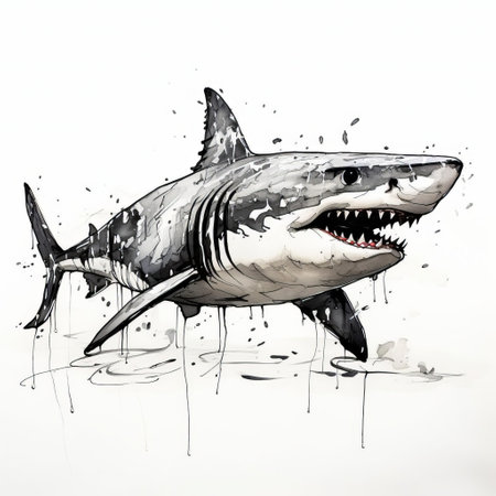 "blind contour shark: a full-body depiction of this fascinating creature, isolated on a white background. an artistic exploration of form and movement.", ai generatedの素材