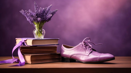 this photograph showcases a stylish shoe in lavender, positioned on a table in a study. the shoe's design is prominently displayed, with a lavender background and natural lighting enhancing its tone. the image is presented in high definition, making every detail of the shoe visible. ai generatedの素材