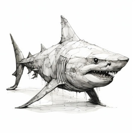 a blind contour shark drawing takes center stage on a clean, white backdrop. the entire body of this fascinating sea creature is intricately depicted, making for a captivating and artful display. ai generatedの素材