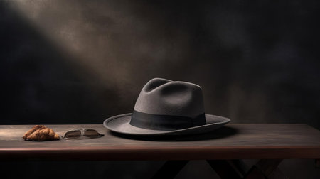this photograph showcases a stylish gray hat, designed for the public, lying on a table in a study. the setting is illuminated by natural lighting, creating a cohesive gray tone. the hat's public design and gray hue stand out against the neutral background, presented in high-definition clarity. ai generatedの素材