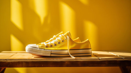 this photograph showcases a unique yellow shoe, set against a matching yellow backdrop. the shoe boasts a distinctive design and style, making it a standout piece. natural lighting illuminates the image, contributing to the yellow tone and high-definition quality. a must-see for shoe enthusiasts and design aficionados alike. ai generatedの素材