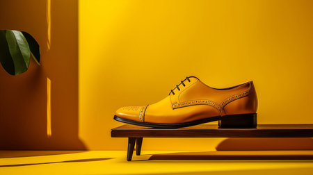 a yellow shoe takes center stage in this photograph, showcasing a unique design on a table in a study. natural lighting illuminates the scene, casting a warm yellow tone and creating a striking contrast against the background. the high-definition image captures every detail of this stylish shoe. ai generatedの素材