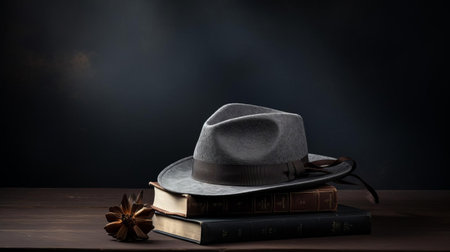 this photograph showcases a stylish gray hat, designed for the public, lying on a table in a study. the setting is illuminated by natural lighting, creating a cohesive gray tone. the hat's public design and gray hue stand out against the neutral background, presented in high definition. ai generatedの素材
