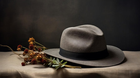 this photograph showcases a gray hat with a public design, placed on a table in a study. the setting is illuminated by natural lighting, creating a cohesive gray tone. the hat's public style is highlighted against the neutral background, captured in high definition. ai generatedの素材