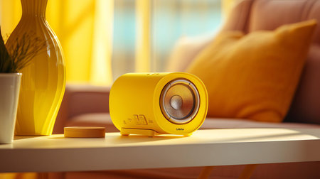 this photograph showcases a sleek yellow speaker with a long, stylish design, positioned on a table in a study. the speaker's vibrant yellow hue complements the sunlit yellow backdrop, creating a warm and inviting atmosphere. the image is captured in high definition, highlighting the speaker's intricate details and natural tones. the long style of the speaker adds a modern and sophisticated touch to the setting.の素材
