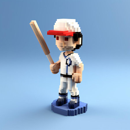 "8-bit pixel art of a character, m, in a full-body pose, holding a baseball. set against a clean, white background, this 3d cartoon brings a fun, retro vibe to any design.", ai generatedの素材