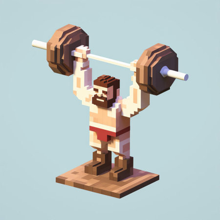 "8-bit pixel art depicts a character, full-body, weightlifting against a white backdrop. a vibrant, 3d cartoon style brings the figure to life for a retro-inspired scene.", ai generatedの素材