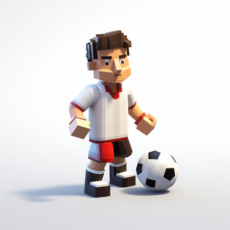 this 3d 8-bit pixel art depicts a character, l, in a full-body soccer pose against a white background. the retro style and vibrant colors bring energy and fun to this dynamic image. perfect for gaming, app, or website design. ai generatedの素材