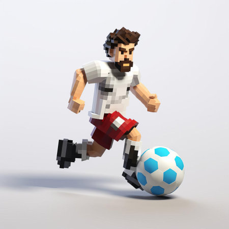 "8-bit pixel art depicts a character, m, in a soccer uniform, showcasing a full-body stance on a white background, perfect for retro gaming or nostalgic design.", ai generatedの素材