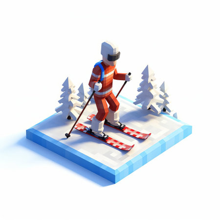 "8-bit pixel art of a skiing character, showcasing a full-body pose, set against a crisp white winter backdrop. perfect for retro gaming or vintage-inspired designs.", ai generatedの素材
