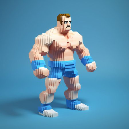 "8-bit pixel art depicts a wrestler, b, in a full-body pose, showcasing the sport's strength and agility against a crisp white backdrop. perfect for gaming and nostalgia enthusiasts.", ai generatedの素材