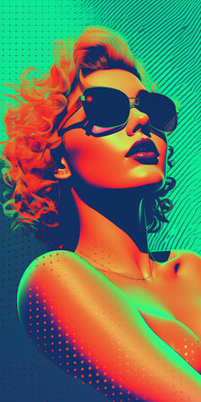 a 1740s starlet basks in sunlight, surrounded by an 8-bit dots orthonormal coordinate system in this minimalist portrait. fauvism meets vanished light lithography in the background, with light halftone dots adding depth. the ever-moving anaglyphic kaleidoscopic aesthetic creates a psychedelic art experience. ai generatedの素材