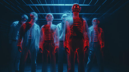 "midnight blue x-ray photo: a highly detailed 4k image of a miserable figure in a redcoat, back-to-back with four dark figures, against a grungy brick wall. a whiteness flare illuminates the scene, accompanied by a dirty pool and glowing neon signs. reminiscent of 90s alternative and shoegaze, this realistic image also features an x-ray of a barcode and a polaroid-style film border. accented by aの素材