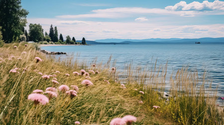 explore the stunning meadow at flathead lake's waterfront, offering a breathtaking view of shelter island, ohio. captured with a canon r6 and canon 24-240 lens, this image showcases the natural beauty of the location, making it an ideal subject for landscape photography enthusiasts. ai generatedの素材