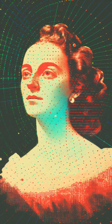 a 1760s starlet basks in sunlight, surrounded by an 8-bit dots orthonormal coordinate system in this minimalist portrait. light halftone dots and faded lithography create a vanished light effect, while anaglyphic and kaleidoscopic elements lend an ever-moving, psychedelic aesthetic. dada-inspired, this piece showcases a unique blend of classic and modern styles. ai generatedの素材