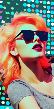 a 1990s starlet basks in the sun, surrounded by a minimalist, light-filled portrait. an 8-bit, orthonormal coordinate system of faded dots and 8-bit colors dominates the frame. a background of vanished light lithography and halftone dots adds depth. the ever-moving, anaglyphic kaleidoscopic aesthetic of minimal psychedelic art completes the image, with a touch of graffiti art. ai generatedの素材