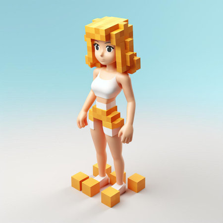 "lucy, depicted as an adult in a vibrant 3d 8-bit pixel art style, stands in a full-body pose against a clean white background. a fusion of retro gaming and modern design elements.", ai generatedの素材