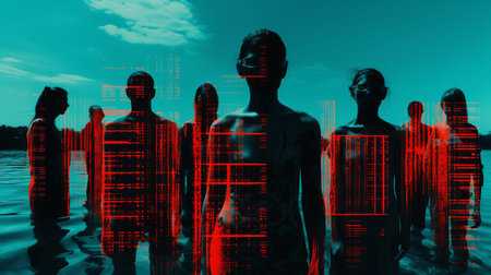 "powerless" photo captures a gritty scene of four dark figures, seemingly "red-handed," with a 4k, highly detailed, realistic style. a dirty pool reflects the moody sky blue and neon glow, complemented by a stark black and white contrast. the scene is illuminated by a harsh x-ray flare, while a polaroid-style film grain adds a 90's alternative flair. the image oozes a sense of foreboding, asの素材