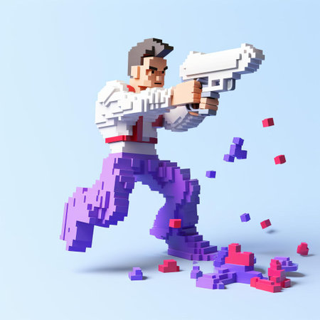 "8-bit pixel art depicts a character, full-body view, armed and ready to shoot, set against a clean white background. a fusion of retro gaming and modern design elements.", ai generatedの素材