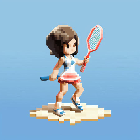 this 3d 8-bit pixel art depicts a full-body cartoon character playing badminton, set against a clean white background. perfect for video game or retro-themed designs. ai generatedの素材