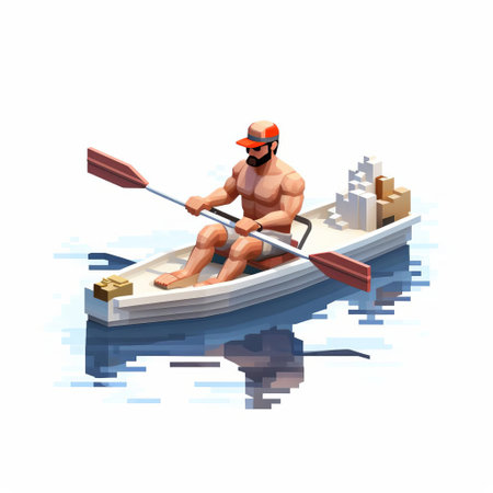 witness a vibrant 3d 8-bit pixel cartoon of a character, showcasing a full-body rowing motion against a crisp white background. perfect for retro gaming or vintage-inspired designs. ai generatedの素材