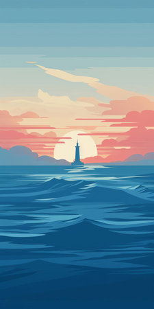 experience the iconic empire state building at sunset with this desktop wallpaper, featuring a minimalistic illustration in the style of olly moss. with bold clean lines and a firewatch-inspired design, this 2d vector artwork spans the bay, showcasing the building against a backdrop of the blue ocean. ai generatedの素材