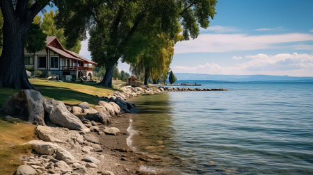 experience the serene beauty of this flathead lake waterfront, offering a stunning view of shelter island. captured with a canon r6 and canon 24-240 lens, this tranquil oasis invites you to explore its splendor. ai generatedの素材