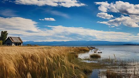 explore the marsh of flathead lake's waterfront, offering a stunning view of shelter island, texas. captured with a canon r6 and canon 24-240 lens, this image showcases the natural beauty of this unique location. ai generatedの素材