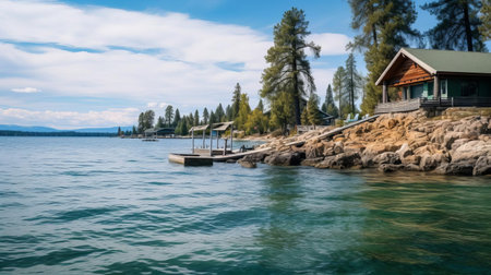 explore the stunning flathead lake waterfront, showcasing its tranquil lagoon. this california scene, captured by a canon r6 and 24-240 lens, features the picturesque shelter island. immerse in the serene beauty and natural allure of this coastal gem. ai generatedの素材