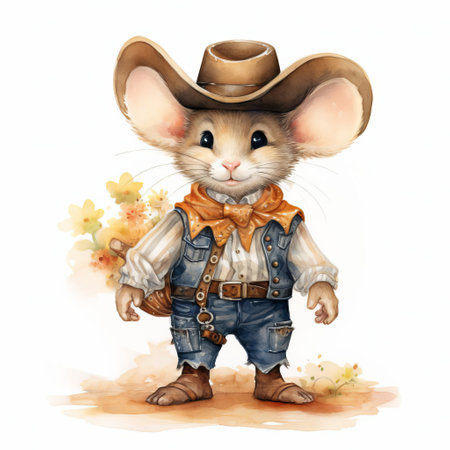 "adorable watercolor mouse dons a cowboy outfit, showcasing a full-body illustration on a pristine white background, perfect for country-themed designs.", ai generatedの素材