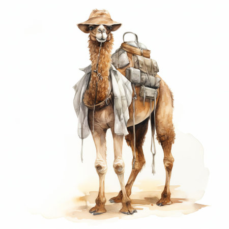"camel donned in cowboy attire, showcased in a full-body watercolor painting, set against a pristine white isolated background."

keywords: watercolors, camel, cowboy, full body, white background, isolated. ai generatedの素材