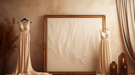 this award-winning professional photograph showcases a blank wardrobe mockup, perfectly placed in a studio setting with artistic flair. the use of studio lighting highlights the unique details of the wardrobe, while the curtains underneath add a touch of elegance. this poster frame is a must-have for any fashion enthusiast or designer. ai generatedの素材