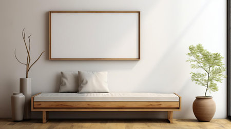 "award-winning professional photograph of a blank poster frame, doubling as a cabinet mockup, set atop a futon and illuminated by studio lighting. an artistic and unique addition to any space.", ai generatedの素材