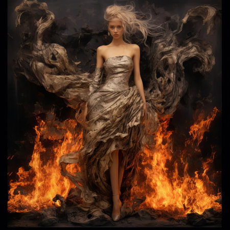 a female figure, evoking the spirit of miley cyrus, stands enveloped in flames in this romanticism-inspired installation. the meticulous detail and thick texture bring the fiery scene to life, showcasing a captivating fusion of contemporary and classic styles. ai generatedの素材
