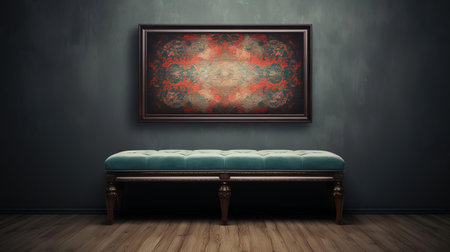 an award-winning artistic photograph showcasing an ottoman mockup in a blank poster frame, sitting atop a futon. experience the professionalism and uniqueness of studio lighting, highlighting the intricate details of the mockup. perfect for interior design or decor inspiration. ai generatedの素材