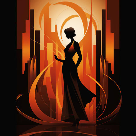 a modernist female figure stands confidently in a fiery backdrop, drawing inspiration from the style of bts. this captivating art piece boasts meticulous detail and a thick, textured finish. the art deco-inspired design adds a touch of vintage glamour, making it a true masterpiece of contemporary art. ai generatedの素材