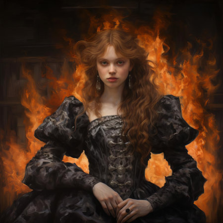 a renaissance woman, clad in opulent attire, stands fearlessly amidst a raging fire, embodying the spirit of the weeknd. this captivating tableau boasts meticulous detail and thick texture, inspired by the baroque movement. the subject's resilience and the fiery backdrop create a striking visual narrative. ai generatedの素材