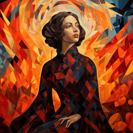 a mannerism-style female figure stands in the midst of flames, evoking a post malone aesthetic. rich textures and meticulous detailing define this cubism-inspired piece, igniting a unique fusion of fire and fine art. ai generatedの素材