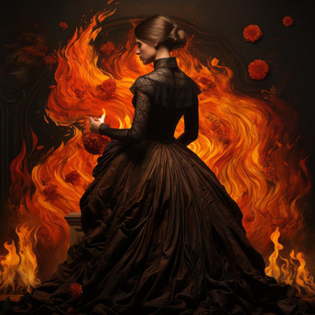 a neoclassicism female figure stands confidently in a fiery setting, drawing inspiration from surrealism. the piece boasts meticulous detail and thick texture, reminiscent of adele's iconic style. this captivating work of art is sure to leave a lasting impression. ai generatedの素材