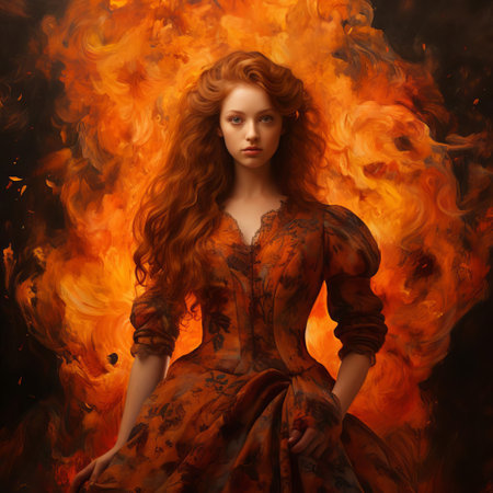 a pre-raphaelite-styled selena gomez stands amidst flames, brought to life with meticulous detail and thick texture. this performance art-inspired piece captivates with its striking portrayal of fire and famous pop culture figure. ai generatedの素材