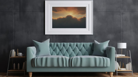 this professional photograph showcases a unique, artistic sofa mockup, sitting atop a bookcase and accentuated by studio lighting. the blank poster frame adds a touch of sophistication, making it an award-winning image that's sure to impress. ai generatedの素材