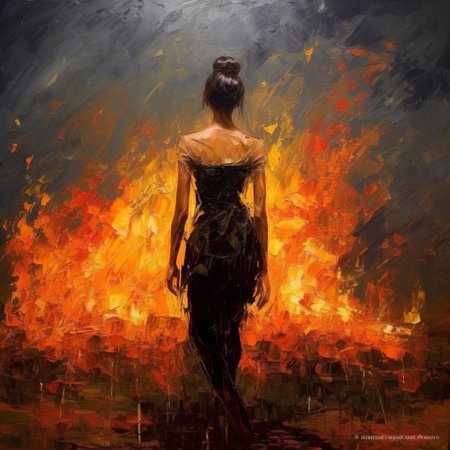 "a female figure in flames: an impressionistic portrayal inspired by travis scott. this captivating piece boasts meticulous detail and thick texture, embodying the spirit of impressionism.", ai generatedの素材