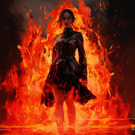 a female figure, evoking the spirit of dua lipa, stands in the heart of a raging fire in a minimalist setting. this new media art-inspired piece boasts meticulous detail and thick texture, creating a striking visual experience that is both powerful and unforgettable. ai generatedの素材
