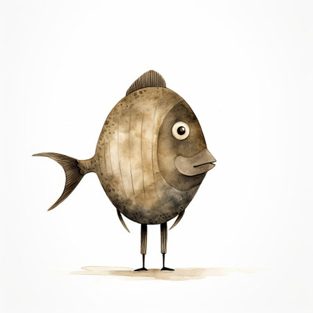 "fish art by jon klassen features a full-bodied depiction of a fish, showcasing intricate details against a clean, white isolated background, ideal for art enthusiasts.", ai generatedの素材